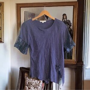 Spencer Alexis Womens Petite Blouse Size 4 Purple Frill Sleeve Crew Neck Top